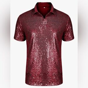 NWT. URRU. Men's Relaxed Turndown Red Sequin Disco Party Shirt. Size 3XL.